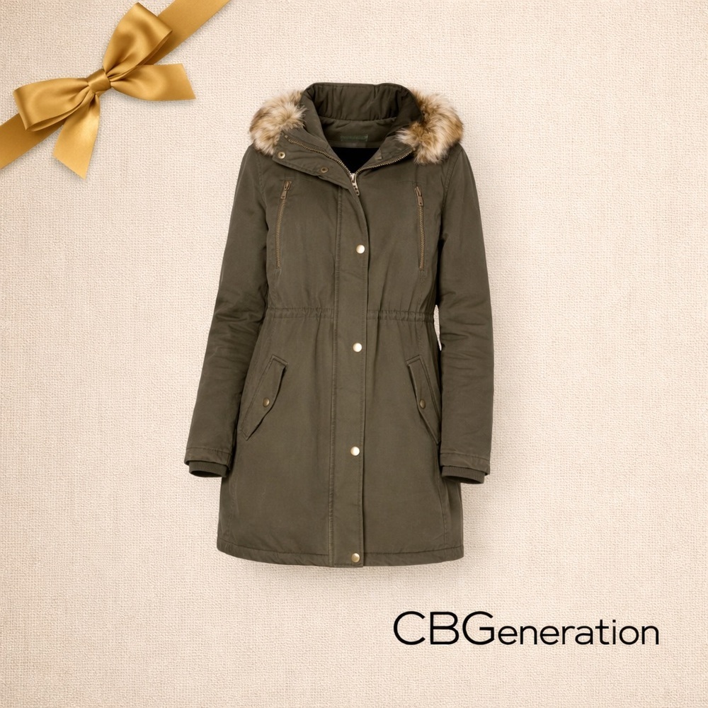 CBGeneration Olive Green Hooded Parka Coat Faux Fur Trim Medium